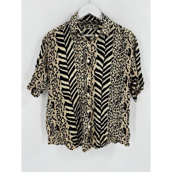 Vintage Point One Button Up Womens Large Beige Black Animal Print Short Sleeve - Picture 1 of 15